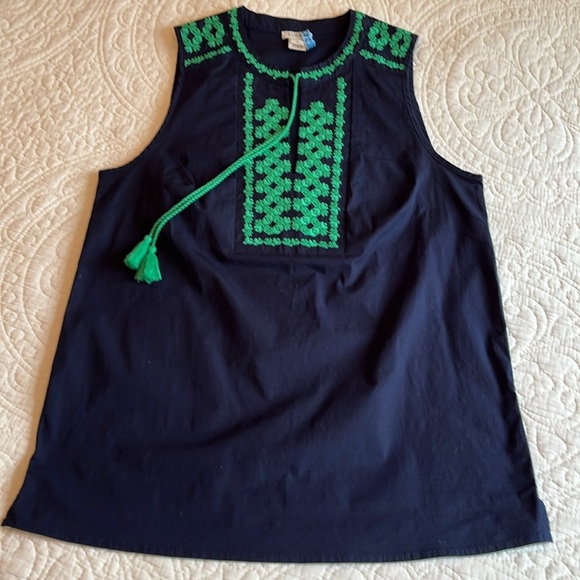 J Crew Sleeveless Embroidered Tassel Tank Top Size 0 Navy Blue Green Preppy Boho - Picture 11 of 17